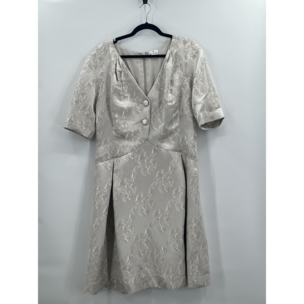 Bill Blass Silk Jacquard Midi Dress Ivory Tan Floral V-Neck Size 16 Saks